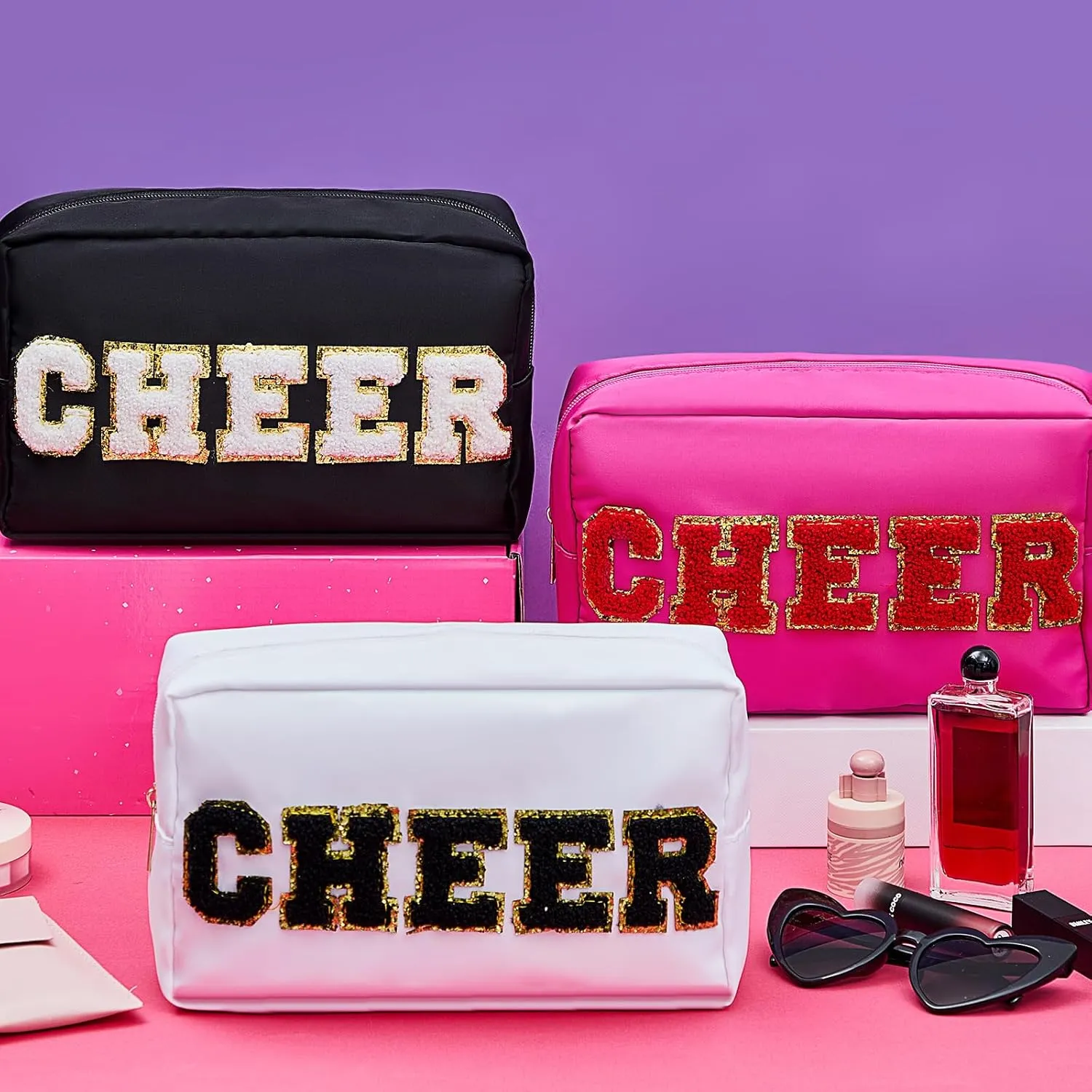 12 Pcs Cosmetic Cheer Bag Bulk with Chenille Letter Patches Gifts Nylon Makeup Bag Portable Toiletry Zipper Pouch for Cheerleader Women Travel Accessories(Bright Colors,Cheer)