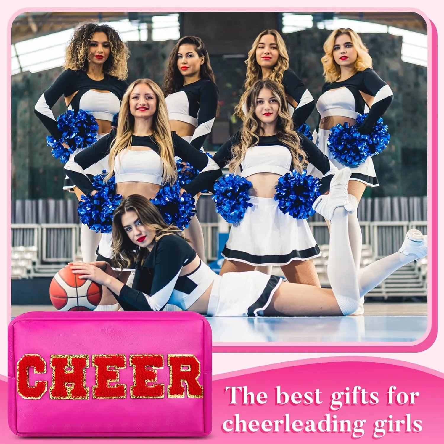 12 Pcs Cosmetic Cheer Bag Bulk with Chenille Letter Patches Gifts Nylon Makeup Bag Portable Toiletry Zipper Pouch for Cheerleader Women Travel Accessories(Bright Colors,Cheer)