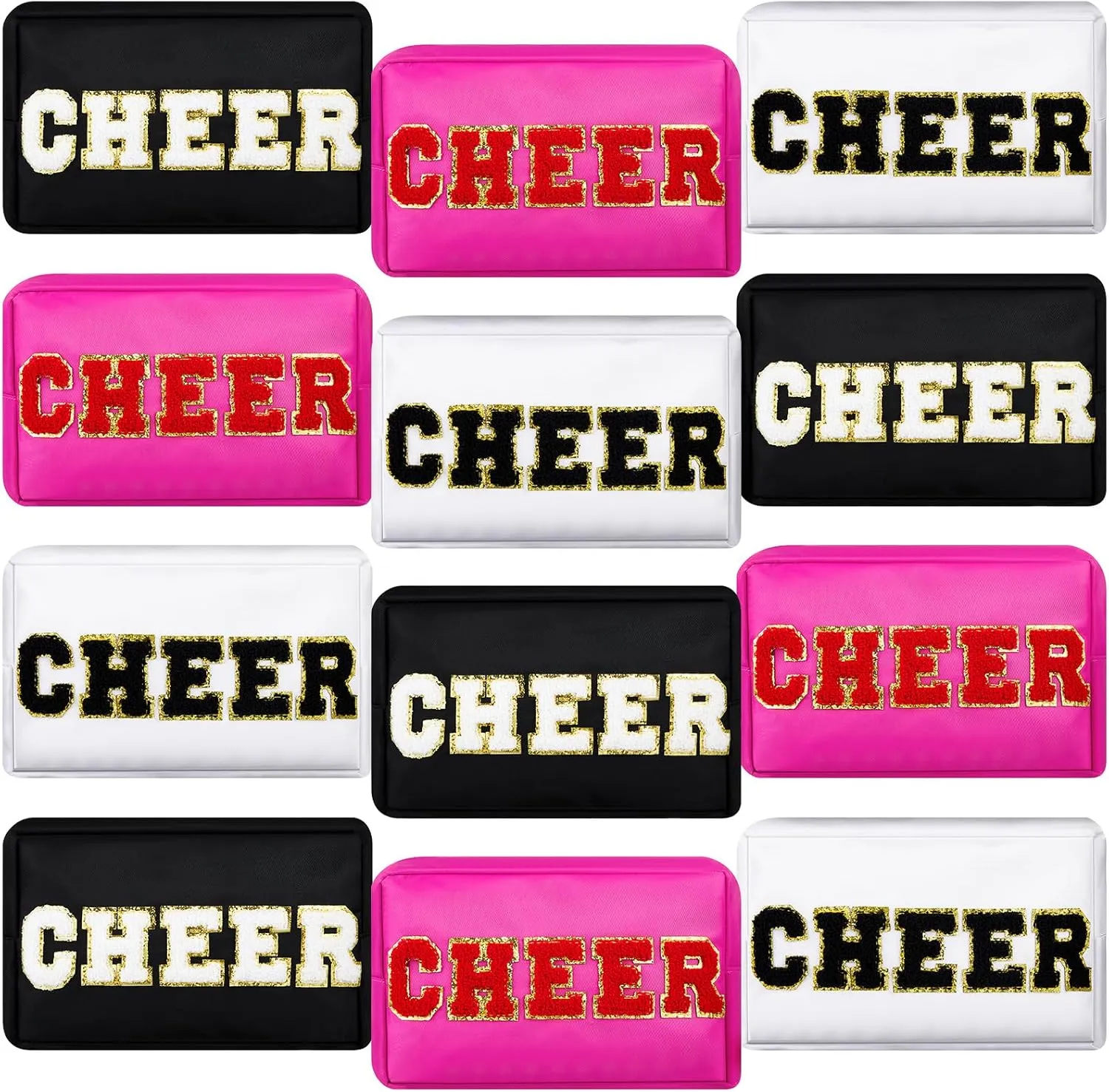 12 Pcs Cosmetic Cheer Bag Bulk with Chenille Letter Patches Gifts Nylon Makeup Bag Portable Toiletry Zipper Pouch for Cheerleader Women Travel Accessories(Bright Colors,Cheer)