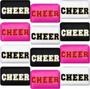 12 Pcs Cosmetic Cheer Bag Bulk with Chenille Letter Patches Gifts Nylon Makeup Bag Portable Toiletry Zipper Pouch for Cheerleader Women Travel Accessories(Bright Colors,Cheer)