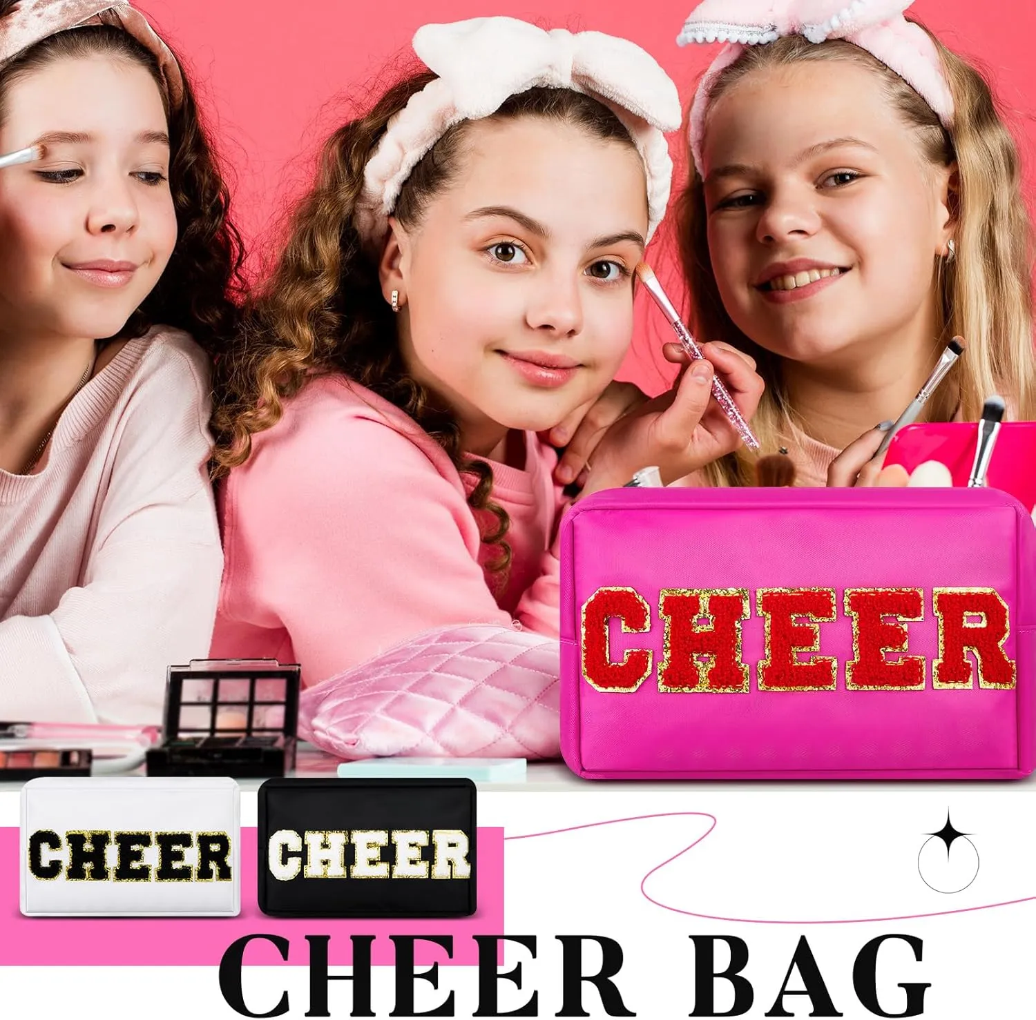 12 Pcs Cosmetic Cheer Bag Bulk with Chenille Letter Patches Gifts Nylon Makeup Bag Portable Toiletry Zipper Pouch for Cheerleader Women Travel Accessories(Bright Colors,Cheer)