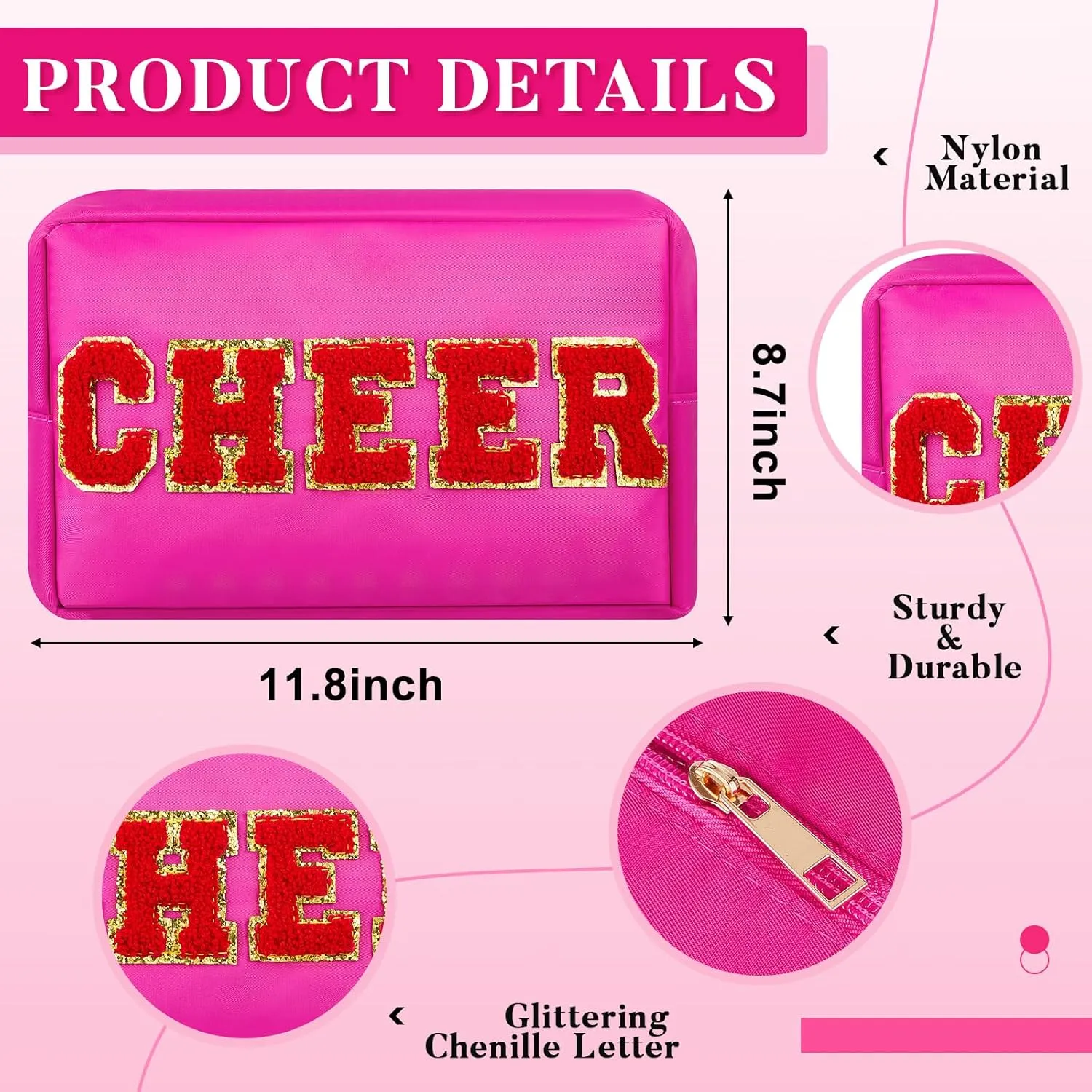 12 Pcs Cosmetic Cheer Bag Bulk with Chenille Letter Patches Gifts Nylon Makeup Bag Portable Toiletry Zipper Pouch for Cheerleader Women Travel Accessories(Bright Colors,Cheer)