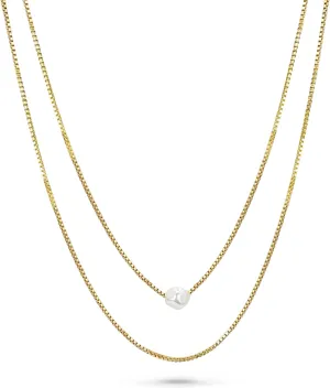 14K Gold Plated Layered Pearl Necklace for Women| Herringbone Chain Pearl Pendant| Dainty Women's Necklaces| Gold Necklaces