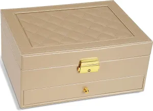 2-Layer Jewelry Box for Women, Jewelry Organizers and Storage with Removable Jewelry Tray, Vintage Quilted Top Lockable Jewelry Holder Gift Box for Girl