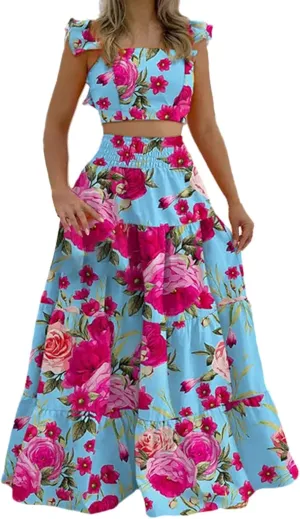 2 Piece Skirt Sets for Women Vacation Boha Floral Print Sleeveless Crop Top High Waist Pleated Dresses Long Skirt Set