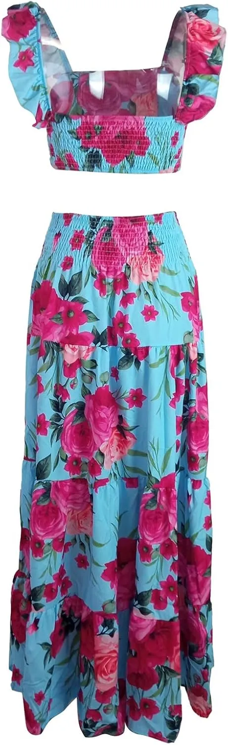 2 Piece Skirt Sets for Women Vacation Boha Floral Print Sleeveless Crop Top High Waist Pleated Dresses Long Skirt Set