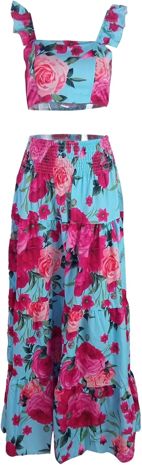 2 Piece Skirt Sets for Women Vacation Boha Floral Print Sleeveless Crop Top High Waist Pleated Dresses Long Skirt Set