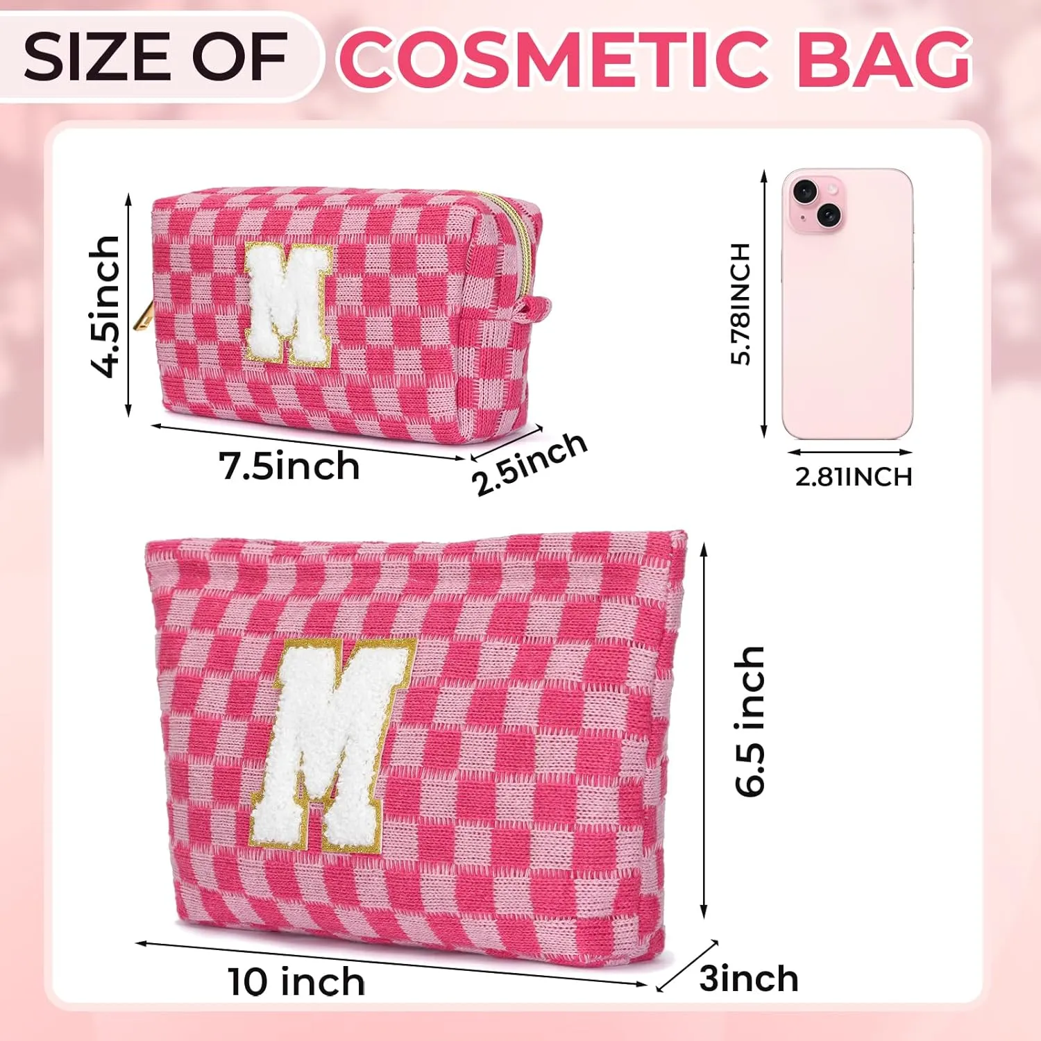 2 Pieces Checkered Makeup Bag Personalized Initial Makeup Bag Large Capacity Travel Make Up Bag with Cute Pouch Graduation Gifts Birthday Wedding Gifts for Women (Rose Red-M)