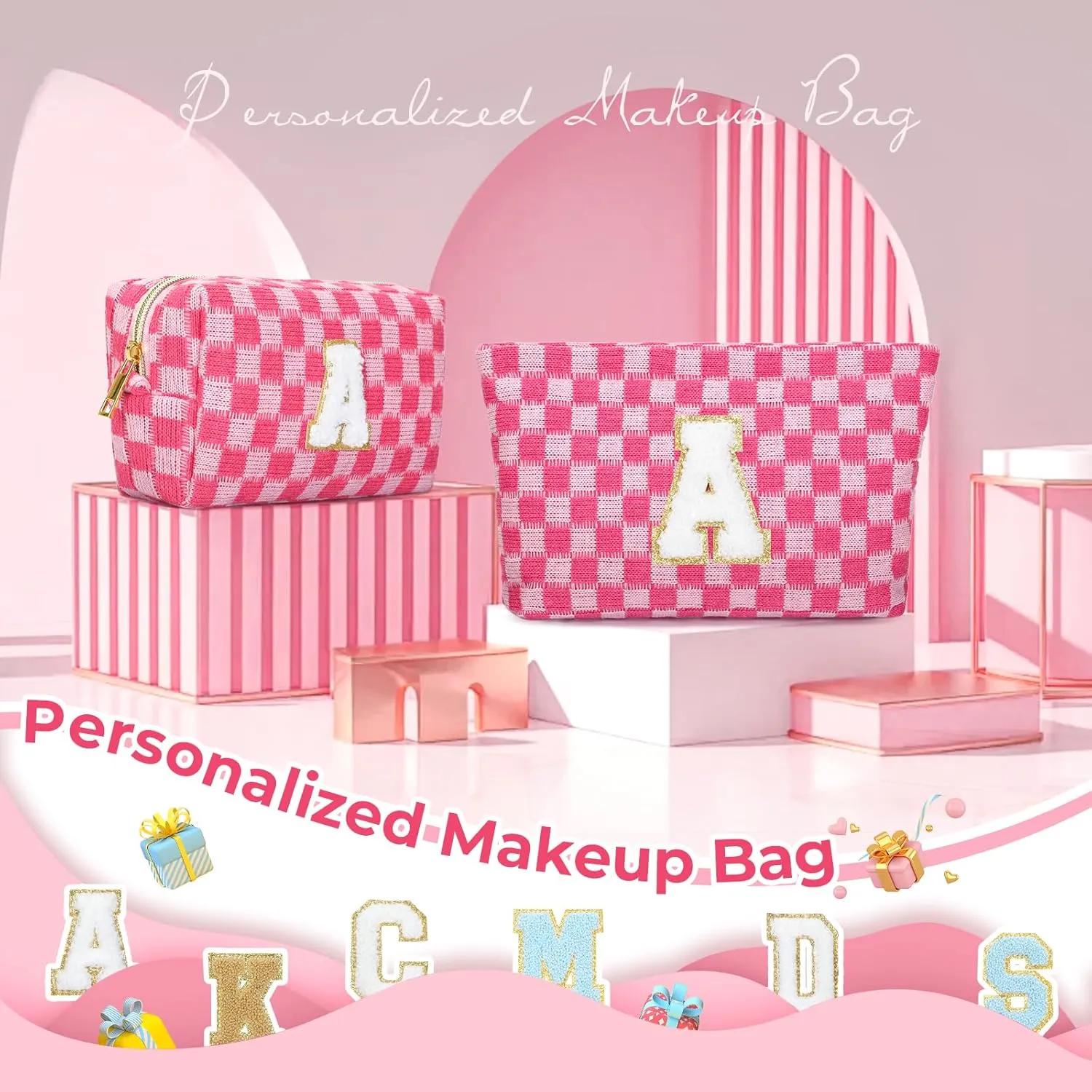 2 Pieces Checkered Makeup Bag Personalized Initial Makeup Bag Large Capacity Travel Make Up Bag with Cute Pouch Graduation Gifts Birthday Wedding Gifts for Women (Rose Red-M)