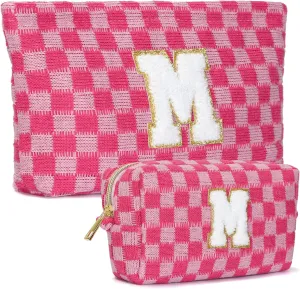 2 Pieces Checkered Makeup Bag Personalized Initial Makeup Bag Large Capacity Travel Make Up Bag with Cute Pouch Graduation Gifts Birthday Wedding Gifts for Women (Rose Red-M)