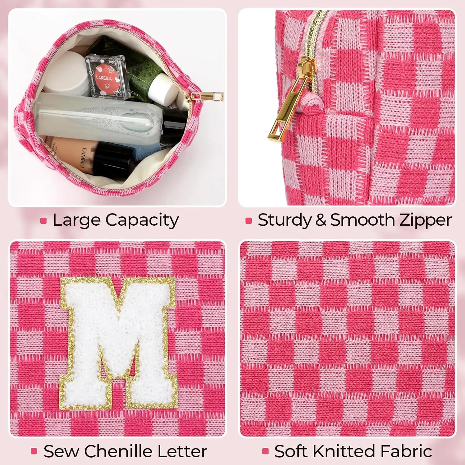 2 Pieces Checkered Makeup Bag Personalized Initial Makeup Bag Large Capacity Travel Make Up Bag with Cute Pouch Graduation Gifts Birthday Wedding Gifts for Women (Rose Red-M)