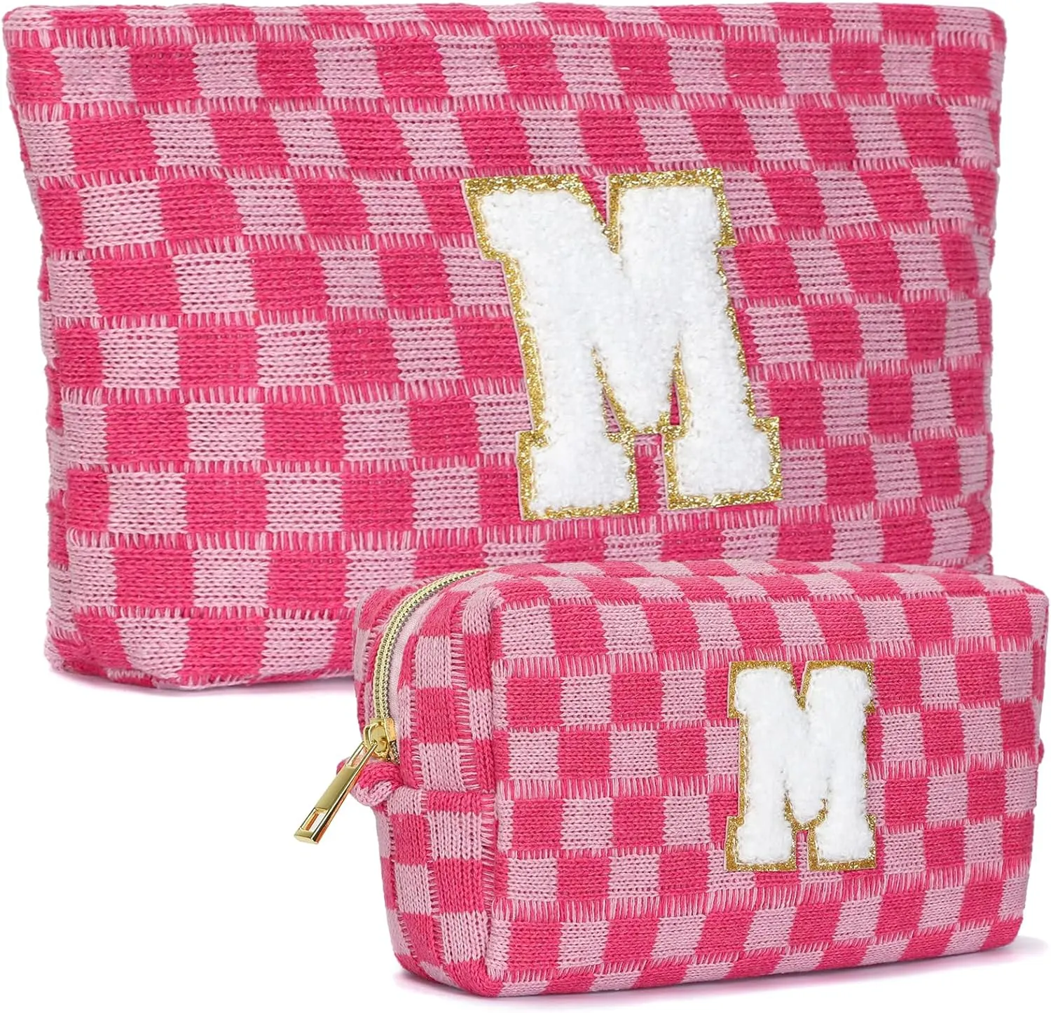 2 Pieces Checkered Makeup Bag Personalized Initial Makeup Bag Large Capacity Travel Make Up Bag with Cute Pouch Graduation Gifts Birthday Wedding Gifts for Women (Rose Red-M)