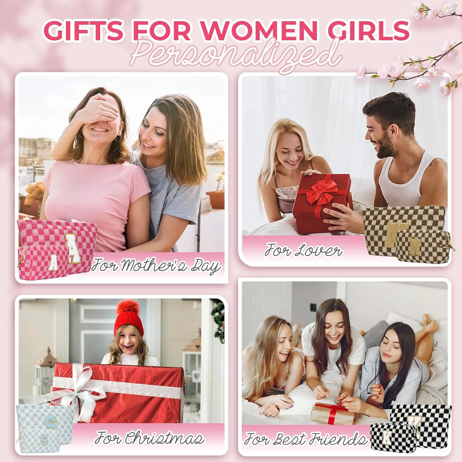 2 Pieces Checkered Makeup Bag Personalized Initial Makeup Bag Large Capacity Travel Make Up Bag with Cute Pouch Graduation Gifts Birthday Wedding Gifts for Women (Rose Red-M)