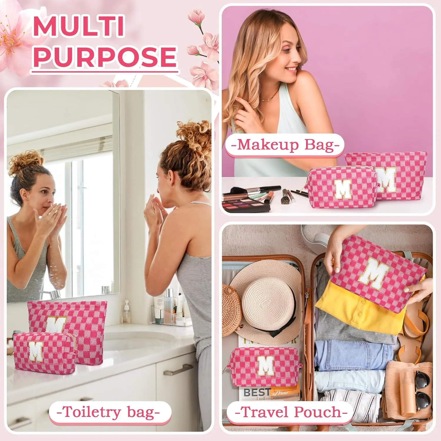 2 Pieces Checkered Makeup Bag Personalized Initial Makeup Bag Large Capacity Travel Make Up Bag with Cute Pouch Graduation Gifts Birthday Wedding Gifts for Women (Rose Red-M)