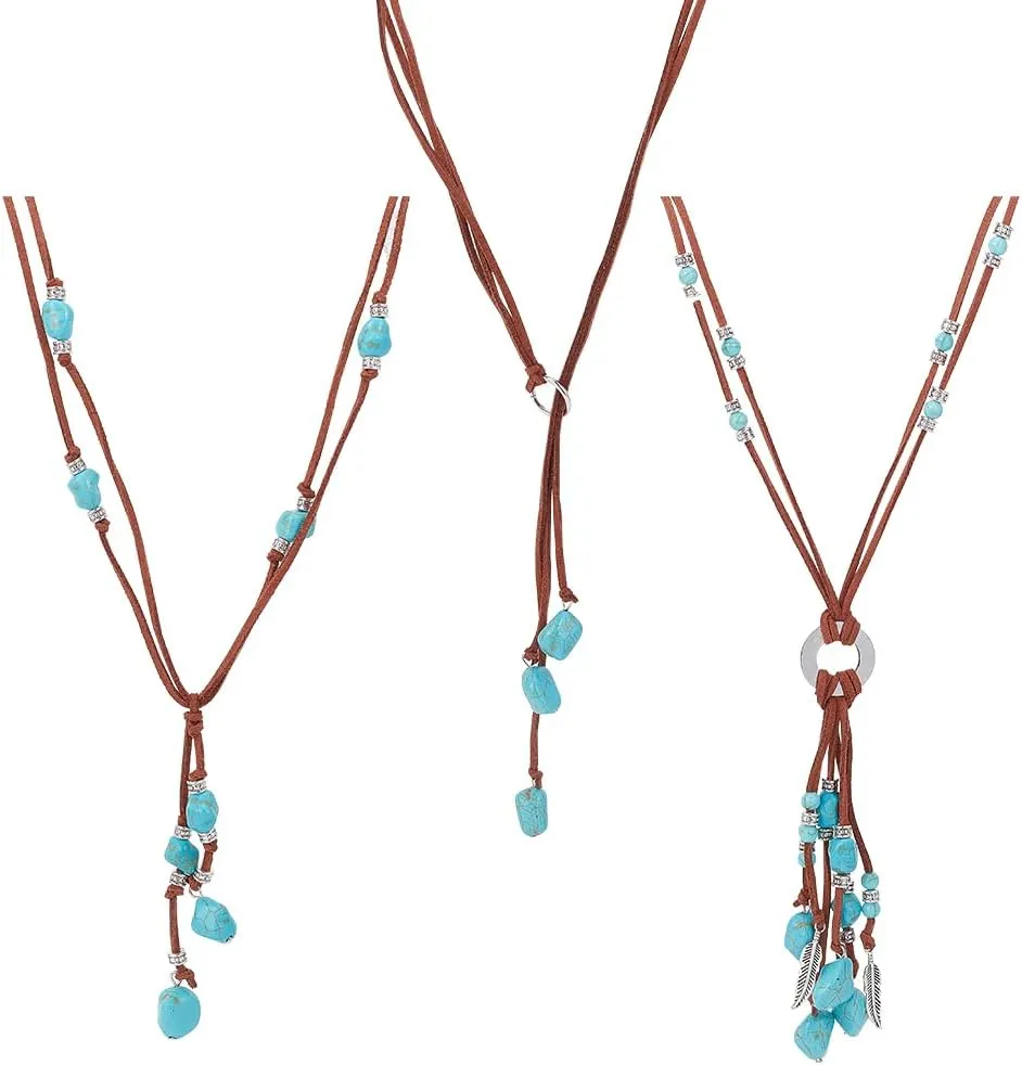 3 Pairs Long Turquoise Necklaces for Women Natural Turquoise Chips Alloy Lariat Necklaces Y-Shape Bohemain Vintage Pendant Necklaces Beaded Jewelry for Christmas New Year Gifts Daily Wear