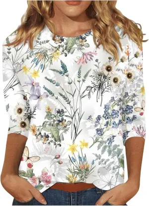 3/4 Length Sleeve Womens Tops Casual Loose Fit T Shirts Cute Three Quarter Length Tunic Tops Ladies Tops and Blouses