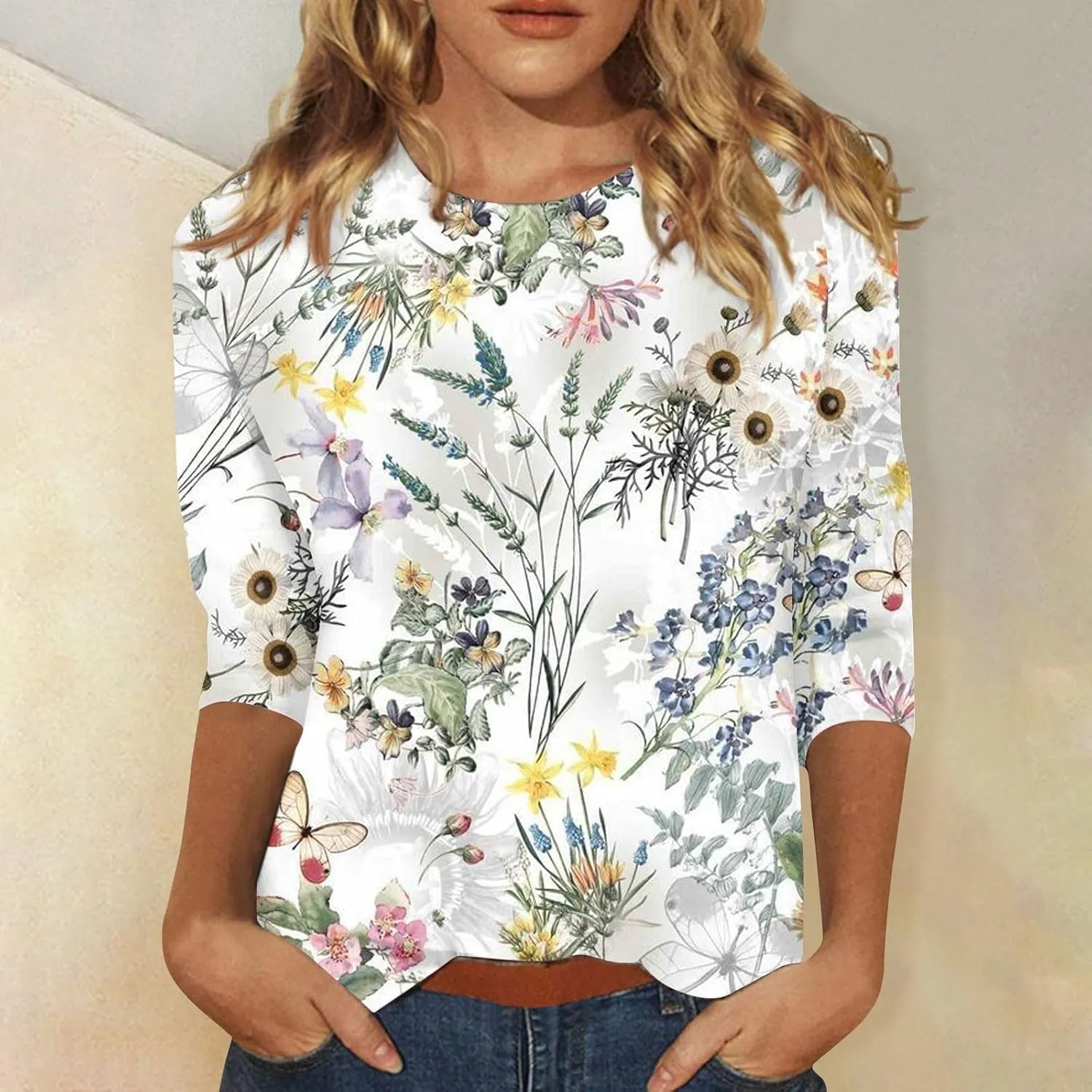 3/4 Length Sleeve Womens Tops Casual Loose Fit T Shirts Cute Three Quarter Length Tunic Tops Ladies Tops and Blouses