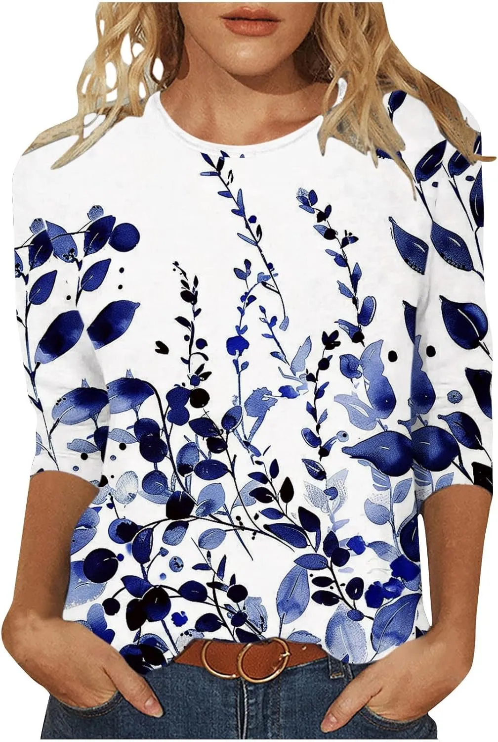 3/4 Sleeve Tops for Women Summer Butterfly Floral Paisley Print Tees Shirt Trendy Ladies Blouse Dressy Casual Clothing