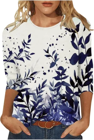 3/4 Sleeve Tops for Women Summer Butterfly Floral Paisley Print Tees Shirt Trendy Ladies Blouse Dressy Casual Clothing