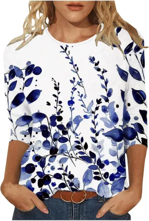 3/4 Sleeve Tops for Women Summer Butterfly Floral Paisley Print Tees Shirt Trendy Ladies Blouse Dressy Casual Clothing
