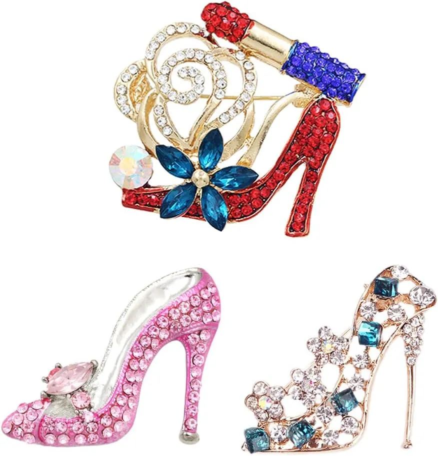 3Pcs Crystal Rhinestone High Heels Lipstick Brooch and High Heels Shoes Shape Alloy Brooch Pin Inlaid Colorful Rhinestone Elegant Brooch