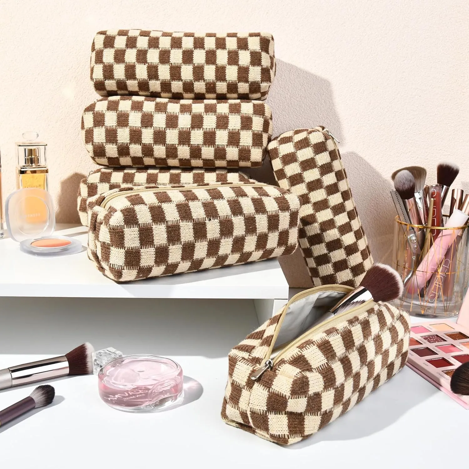 6 Pcs Checkered Makeup Bag Preppy Cosmetic Bag Bulk Makeup Pouch Personalize Travel Toiletry Bag Organizer Cute DIY Makeup Brushes Storage Bag for Women Brown