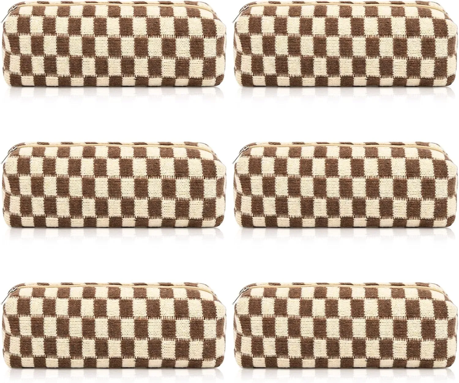 6 Pcs Checkered Makeup Bag Preppy Cosmetic Bag Bulk Makeup Pouch Personalize Travel Toiletry Bag Organizer Cute DIY Makeup Brushes Storage Bag for Women Brown