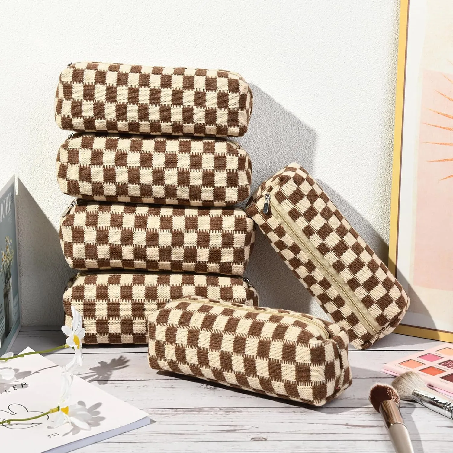 6 Pcs Checkered Makeup Bag Preppy Cosmetic Bag Bulk Makeup Pouch Personalize Travel Toiletry Bag Organizer Cute DIY Makeup Brushes Storage Bag for Women Brown