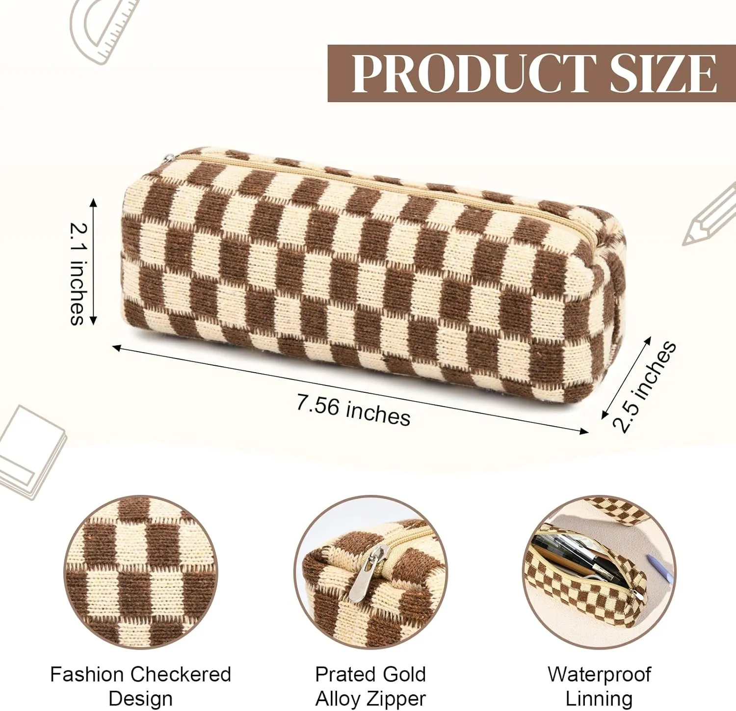 6 Pcs Checkered Makeup Bag Preppy Cosmetic Bag Bulk Makeup Pouch Personalize Travel Toiletry Bag Organizer Cute DIY Makeup Brushes Storage Bag for Women Brown
