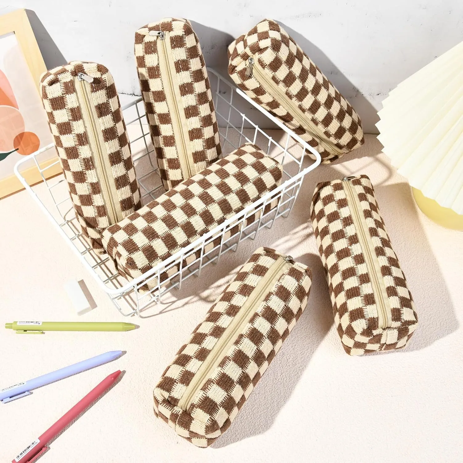 6 Pcs Checkered Makeup Bag Preppy Cosmetic Bag Bulk Makeup Pouch Personalize Travel Toiletry Bag Organizer Cute DIY Makeup Brushes Storage Bag for Women Brown