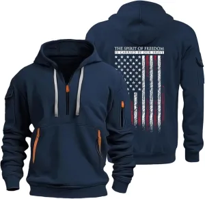 American Flag Hoodie Men 1/4 Zip Fashion Military Slim Fit Drawstring Sweatshirt Gym Basic Sweatshirt with Pockets