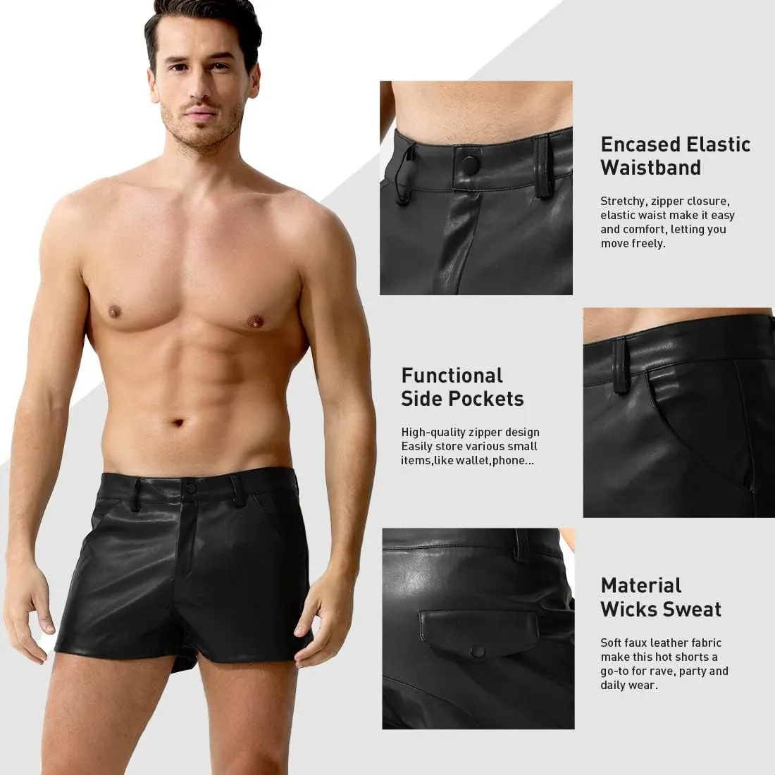 Arjen Kroos Men's PU Leather Shorts Male Sexy Rave Hot Short Pants with Pockets