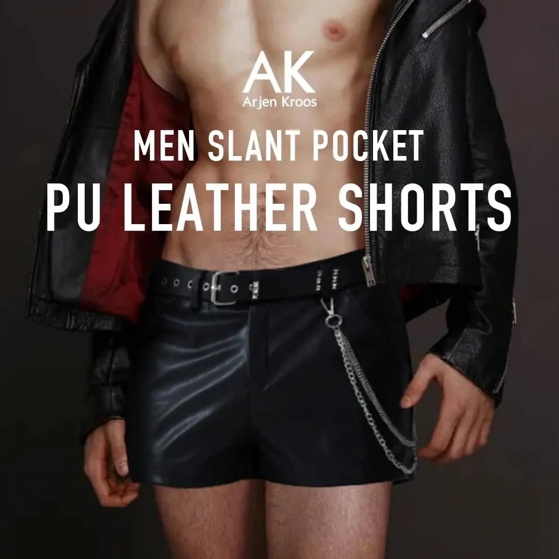 Arjen Kroos Men's PU Leather Shorts Male Sexy Rave Hot Short Pants with Pockets