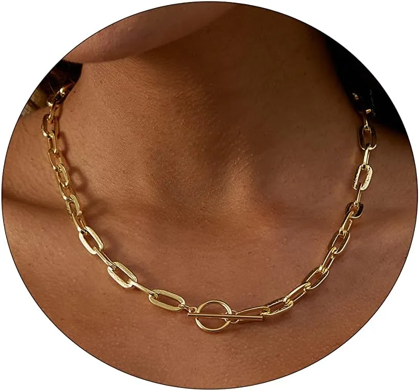 ASCOMY Dainty Gold Necklaces for Women 14K Gold Plated Paperclip Chain Necklace Simple Cute Chain Necklace Chunky Chain Toggle Necklaces Silver Necklaces for Women Everyday Jewelry Gifts for Women