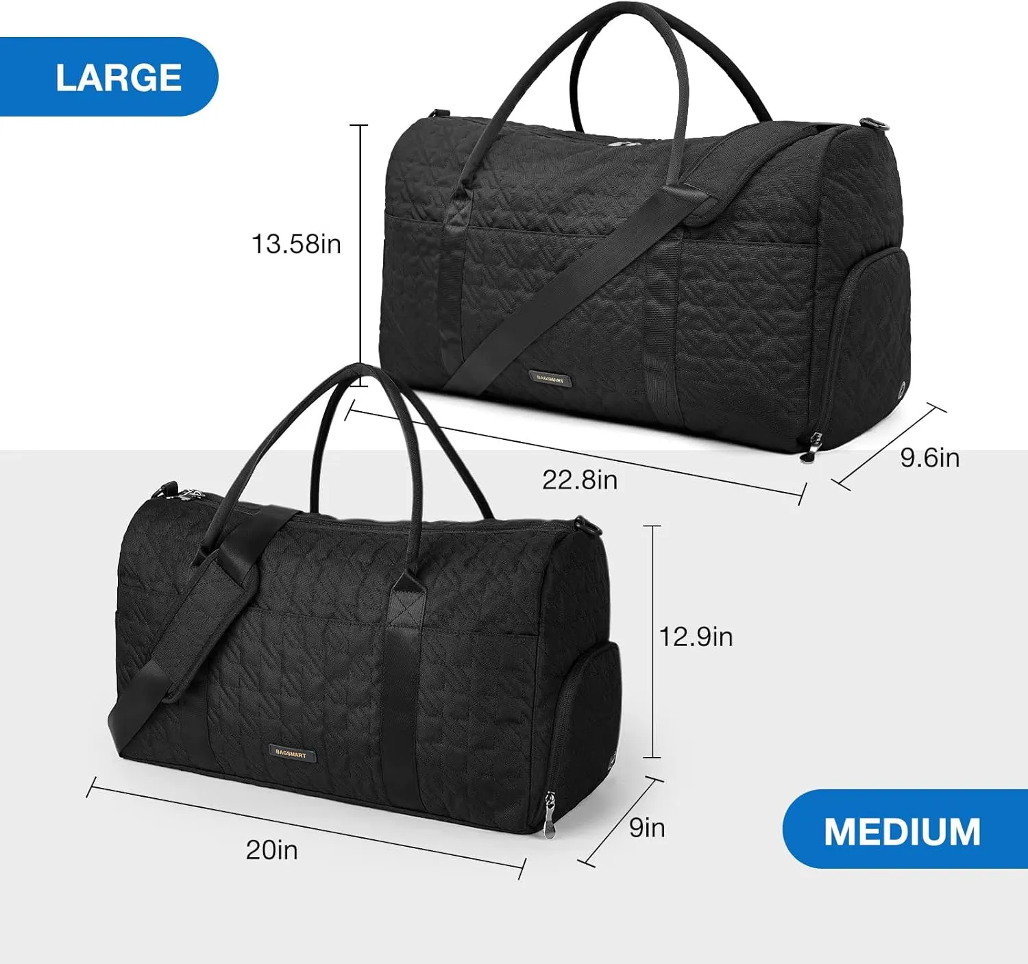 BAGSMART Black 40L Travel Duffle Bag with Shoes Compartment, Carry On Weekender Overnight Bag for Men Women