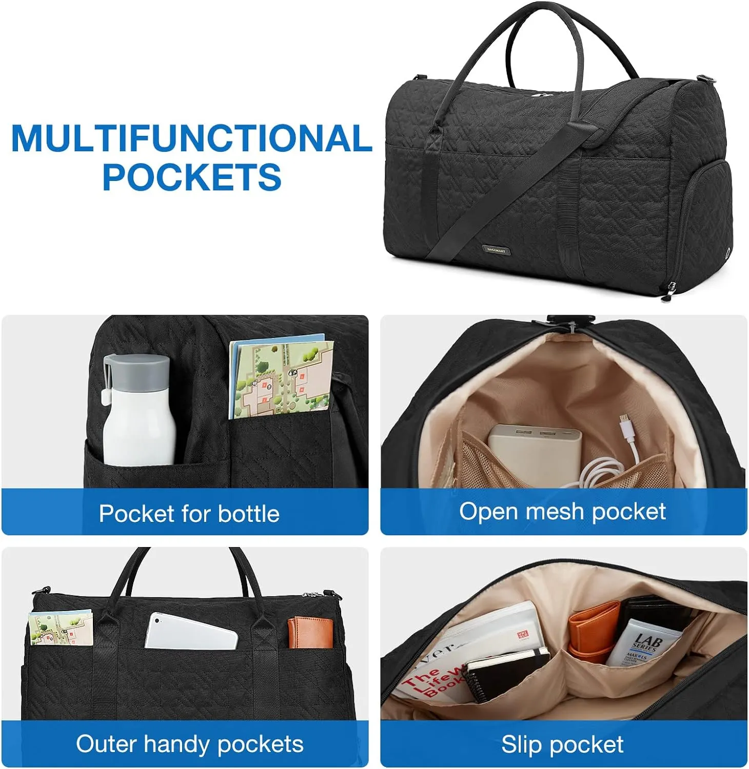 BAGSMART Black 40L Travel Duffle Bag with Shoes Compartment, Carry On Weekender Overnight Bag for Men Women