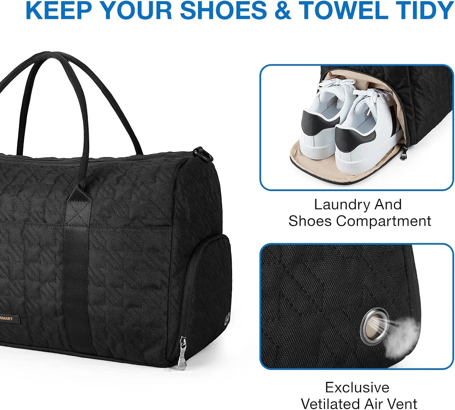 BAGSMART Black 40L Travel Duffle Bag with Shoes Compartment, Carry On Weekender Overnight Bag for Men Women