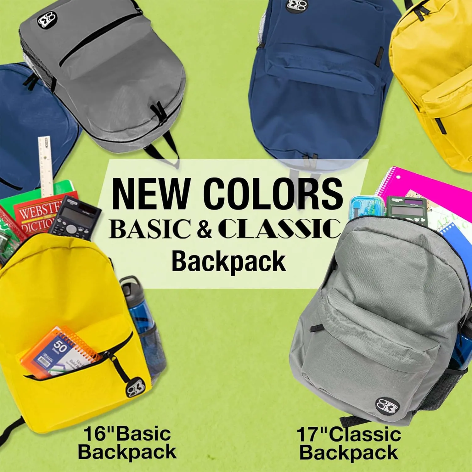 BAZIC School Backpack 16" Navy Blue, Lightweight School Bag Padded Back & Adjustable Strap for Students, Travel Bag Fit A4 Notebook, 1-Pack