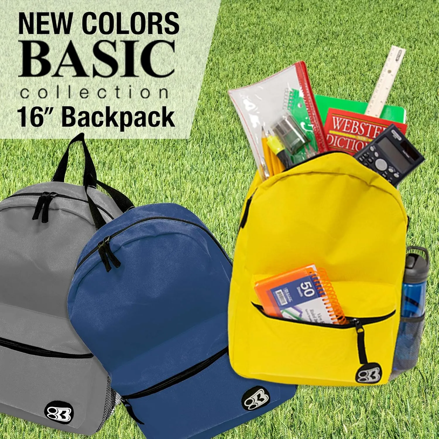 BAZIC School Backpack 16" Navy Blue, Lightweight School Bag Padded Back & Adjustable Strap for Students, Travel Bag Fit A4 Notebook, 1-Pack