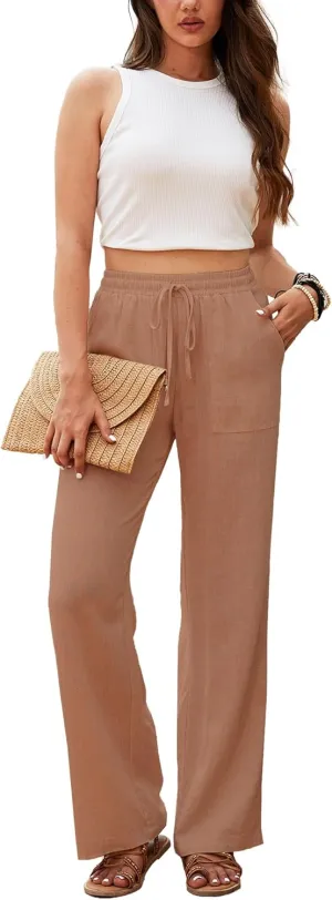 Beautiful Nomad Women's Linen Pants High Waisted Straight Pant Casual Flowy Wide Leg Drawstring Trousers with Pockets