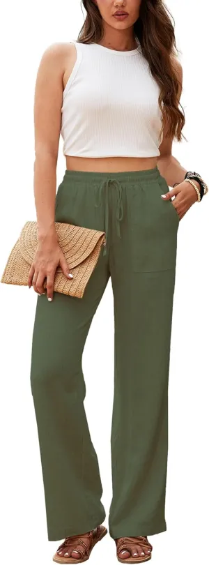Beautiful Nomad Women's Linen Pants High Waisted Straight Pant Casual Flowy Wide Leg Drawstring Trousers with Pockets