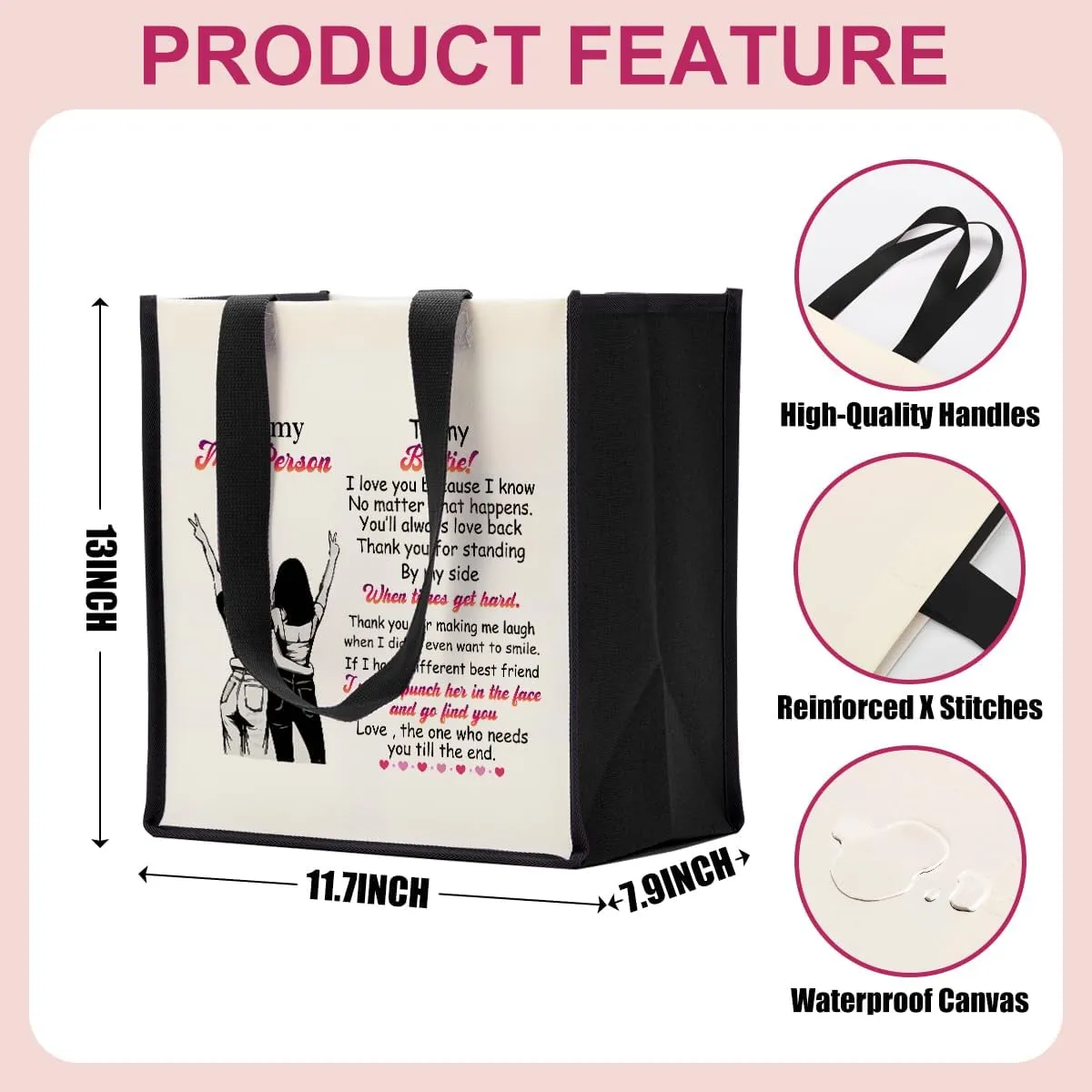 Bestie Friendship Gifts for Women, Best Friend Christmas Birthday Gifts, Canvas Tote Bag Reusable Grocery Bags