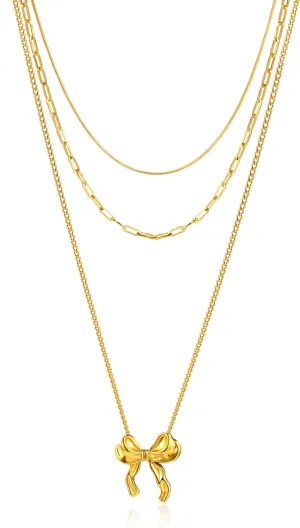 Bow Pendant Necklaces For Women Gold Layered Stack Dainty Waterproof No Tarnish Stackable Stylish Sophisticated Womens Necklaces