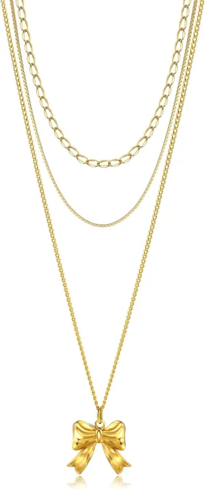 Bow Pendant Necklaces For Women Gold Layered Stack Dainty Waterproof No Tarnish Stackable Stylish Sophisticated Womens Necklaces