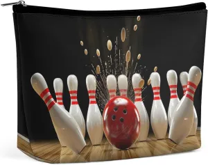 Bowling Ball Strikes Bowling Pins Travel Cosmetic Bag PU Leather Makeup Bag Toiletry Bag Portable Pouch Makeup Organizer Case