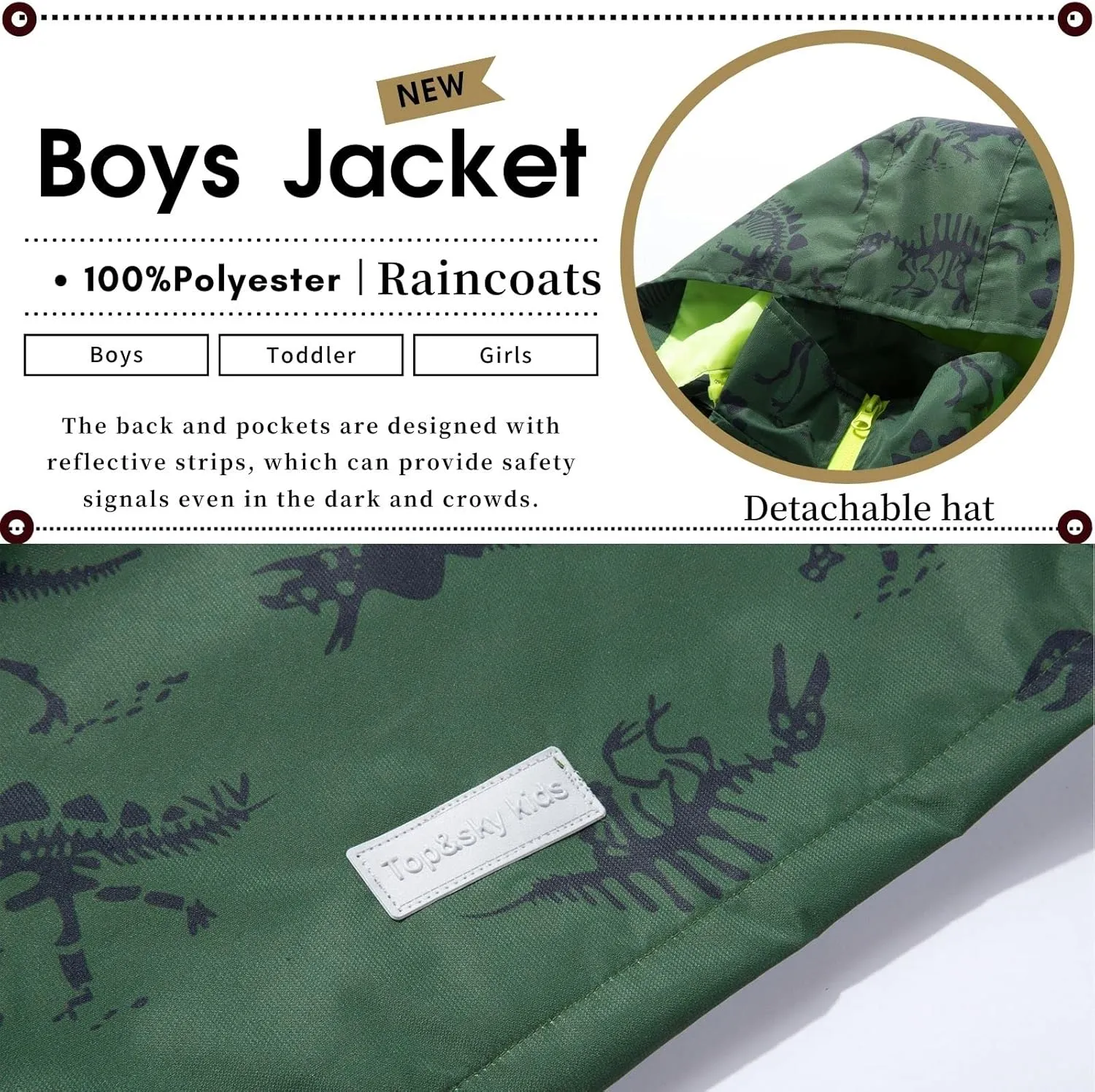 Boys Rain Jacket with Detachable Hood Lightweight Raincoats for Kids
