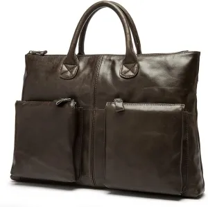 Business Briefcase,Mens Messenger Bag Waterproof Vintage Genuine Leather Waxed Canvas Briefcase Large Satchel Shoulder Bag Rugged Leather Computer Laptop Bag
