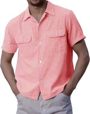 Button Down Shirts for Men Short Sleeve Cotton Linen Casual Comfy Lightweight Solid Tops Summer Beach Tee with Pockets