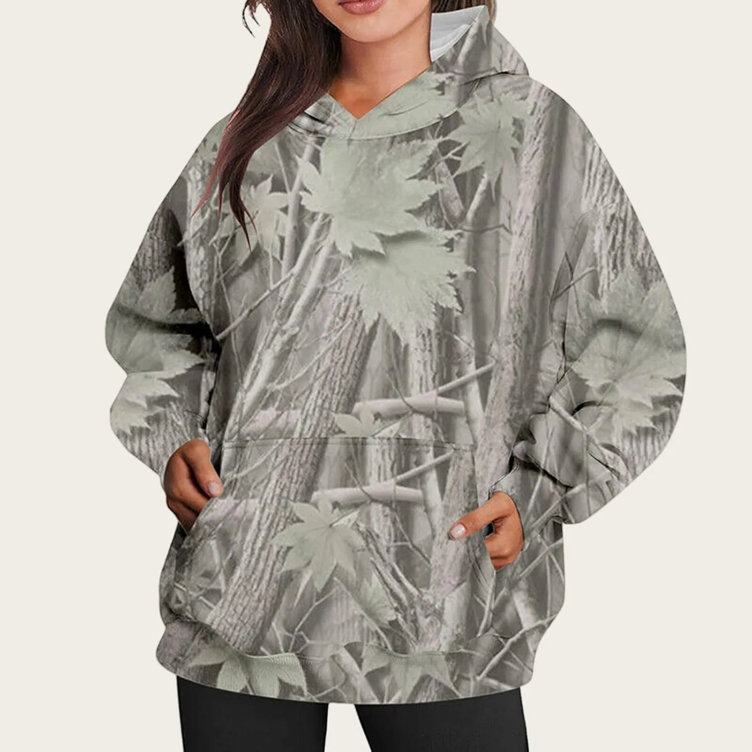 Camo Hoodie for Women Fleece Oversized Maple-Leaf Long Sleeve Sweatshirt Fall Pullover Hoodies with Kangaroo Pocket