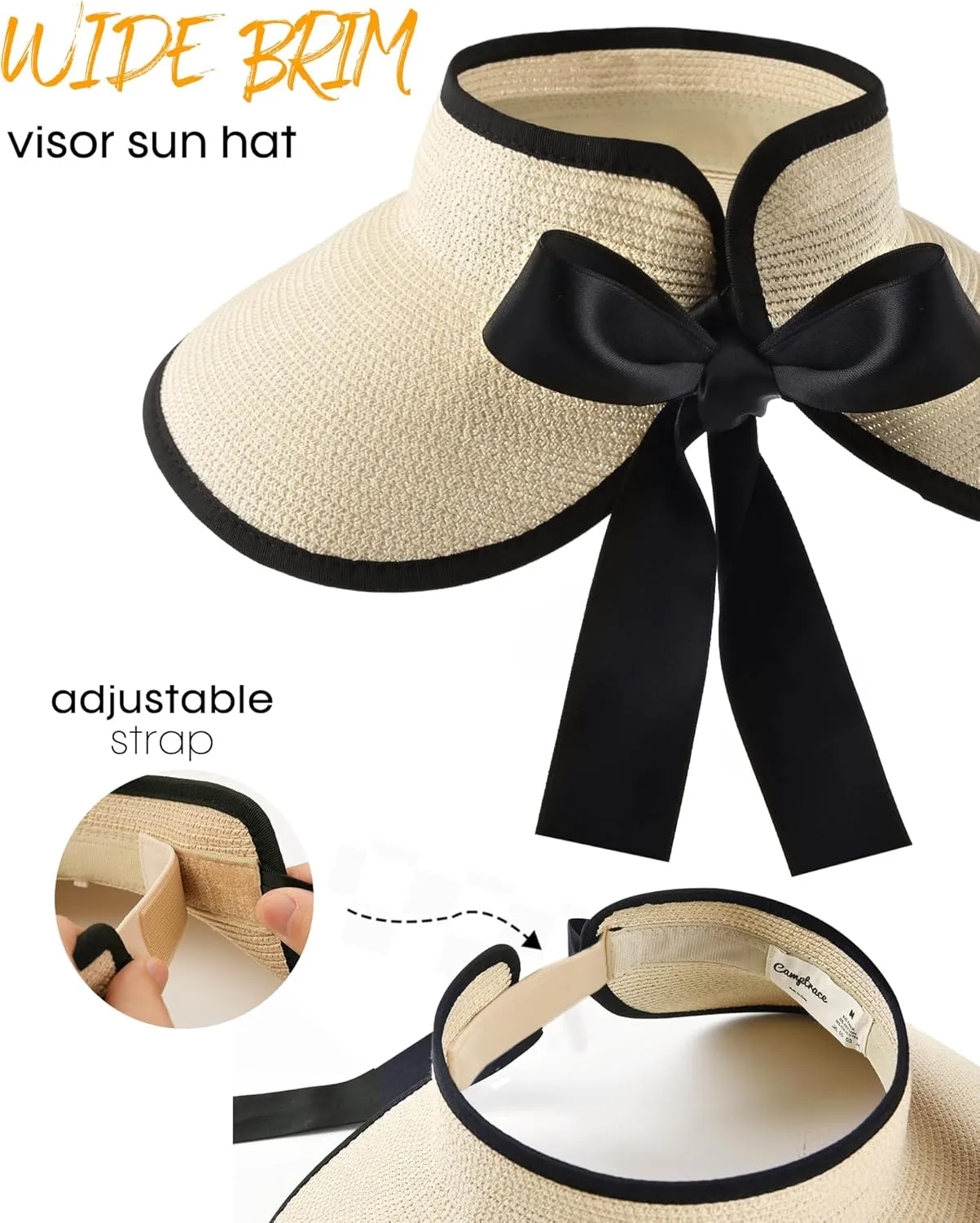 Camptrace Sun Visors for Women Wide Brim Beach Hat Foldable Straw Visor Hat Ponytail Summer Packable UPF 80 